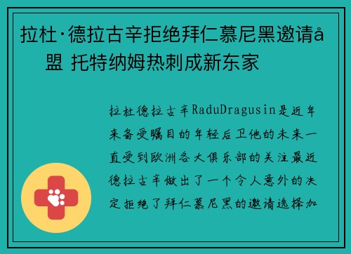拉杜·德拉古辛拒绝拜仁慕尼黑邀请加盟 托特纳姆热刺成新东家 拉杜·德拉古辛拒绝拜仁慕尼黑邀请加盟 托特纳姆热刺成新东家