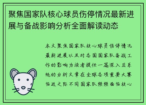聚焦国家队核心球员伤停情况最新进展与备战影响分析全面解读动态